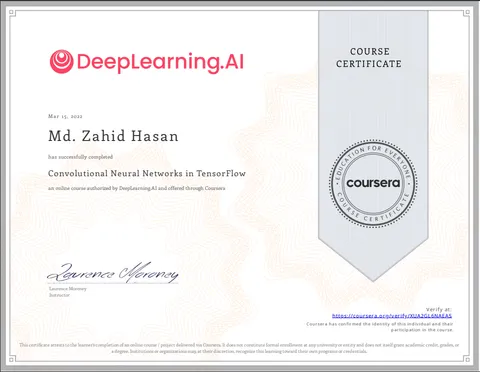 Convolutional Neural Networks in TensorFlow certificate from DeepLearning.AI