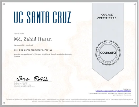 C++ For C Programmers, Part A certificate from University of California, Santa Cruz