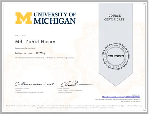 Introduction to HTML5 certificate from University of Michigan