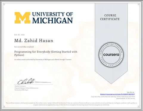 Programming for Everybody (Getting Started with Python) certificate from University of Michigan