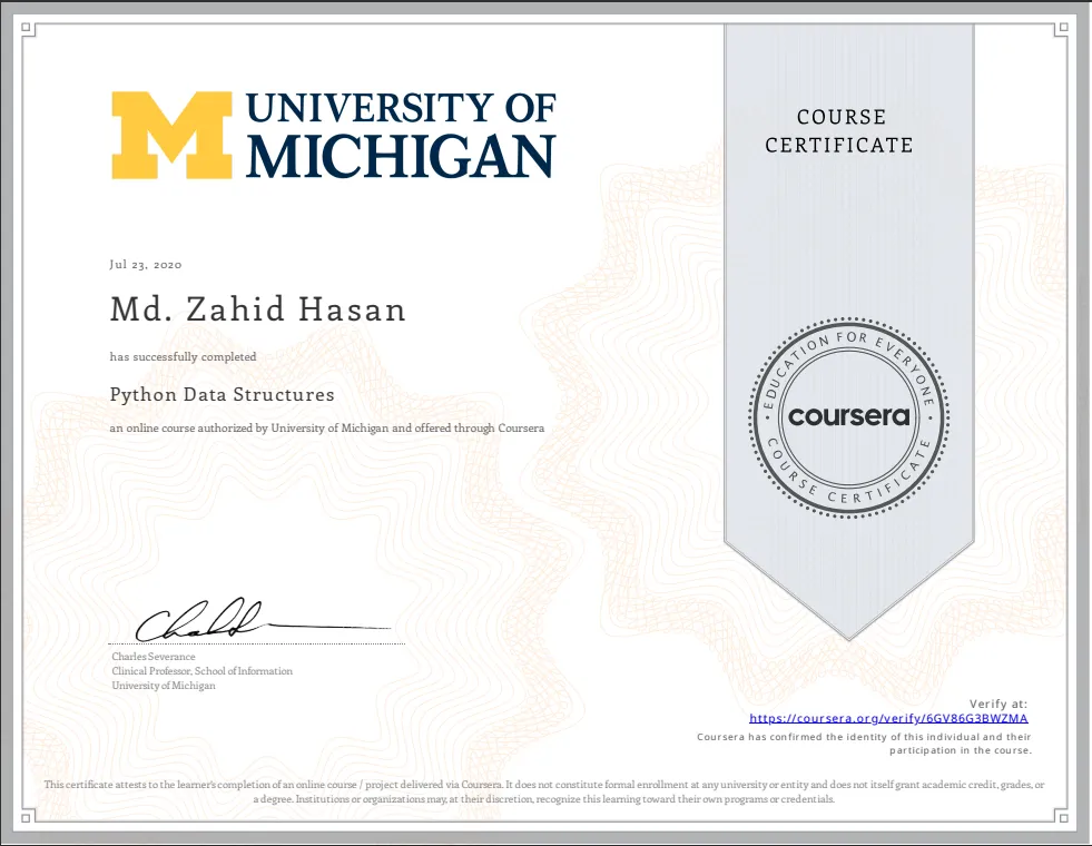 Python Data Structures Course Certificate awarded to Md. Zahid Hasan by University of Michigan
