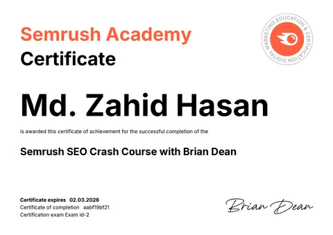 Semrush SEO Crash Course with Brian Dean certificate from Semrush Academy